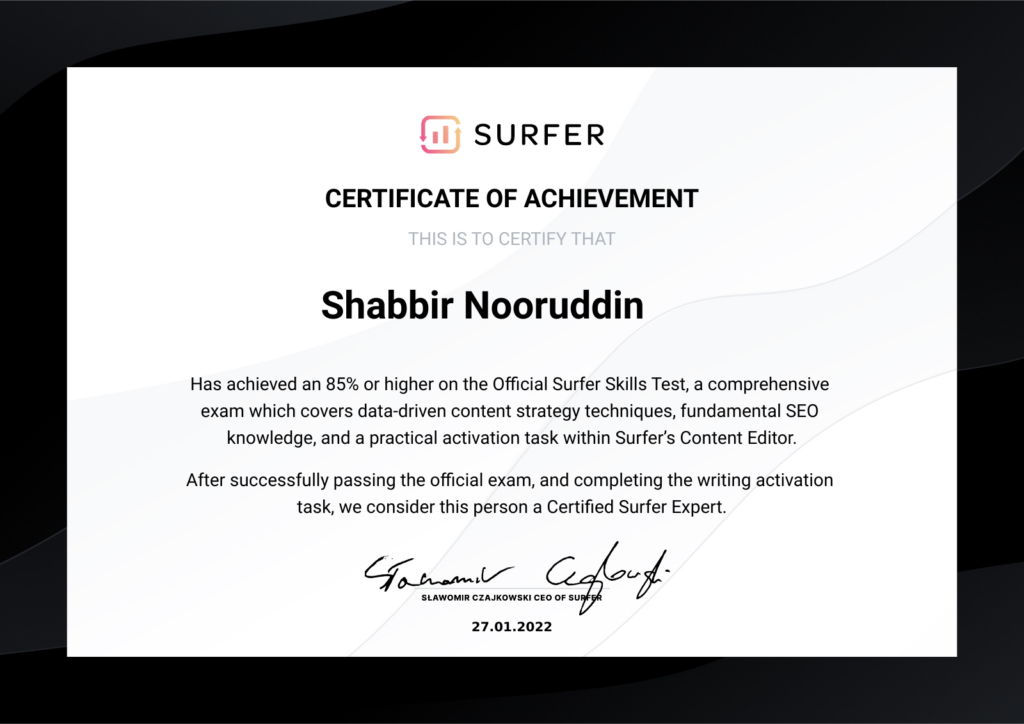 shabbir surfer seo certificate